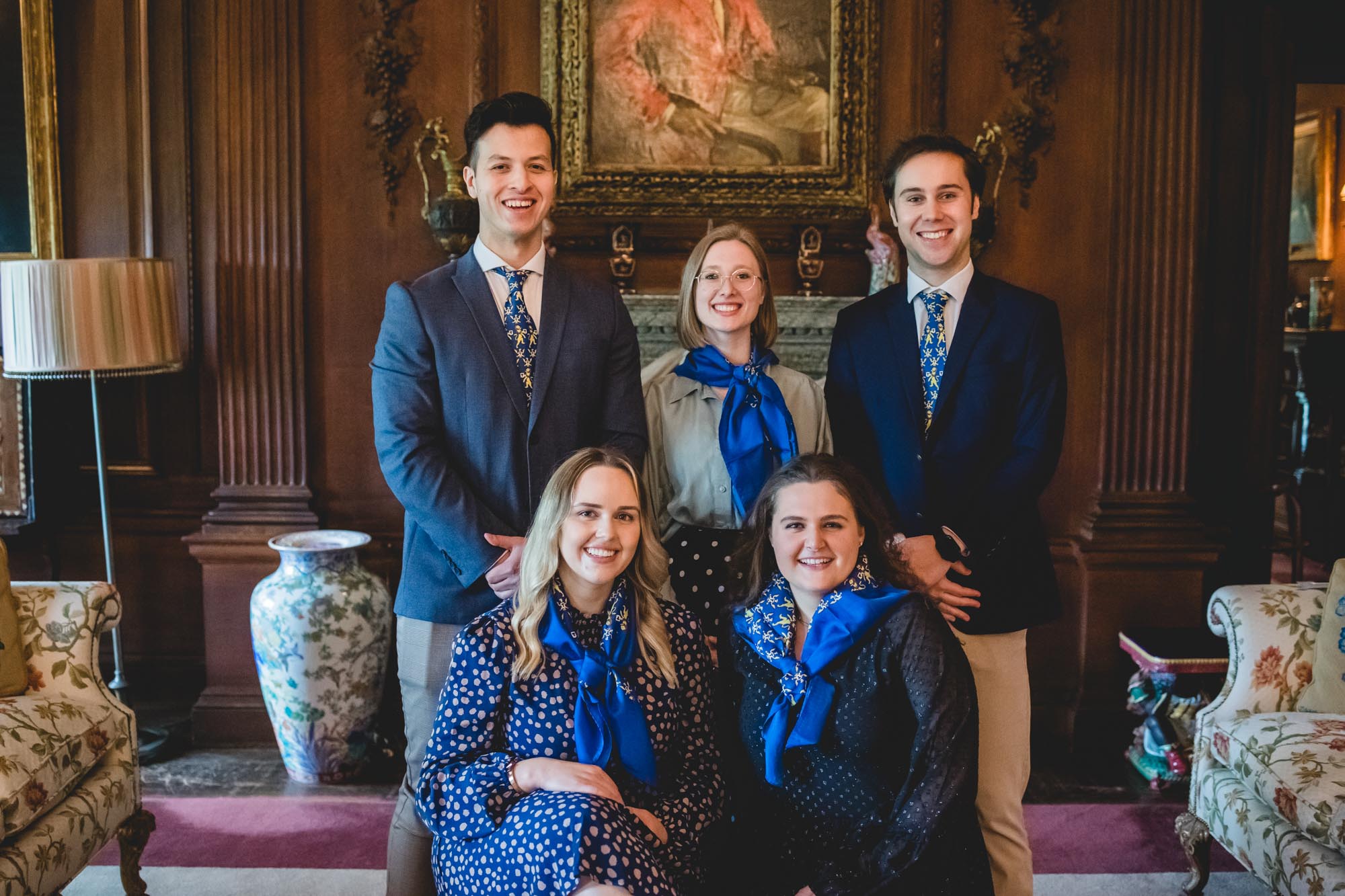 British Scholars studying at Penn pose for a group photo wearing their Thouron scarves and ties